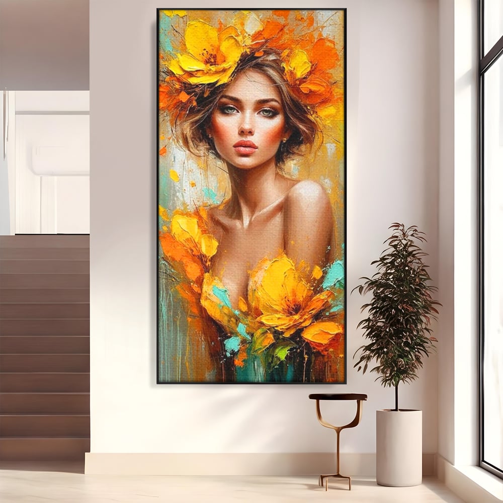 Tablou canvas cu pictura portret femeie cu flori galbene, in rama de aluminiu negru